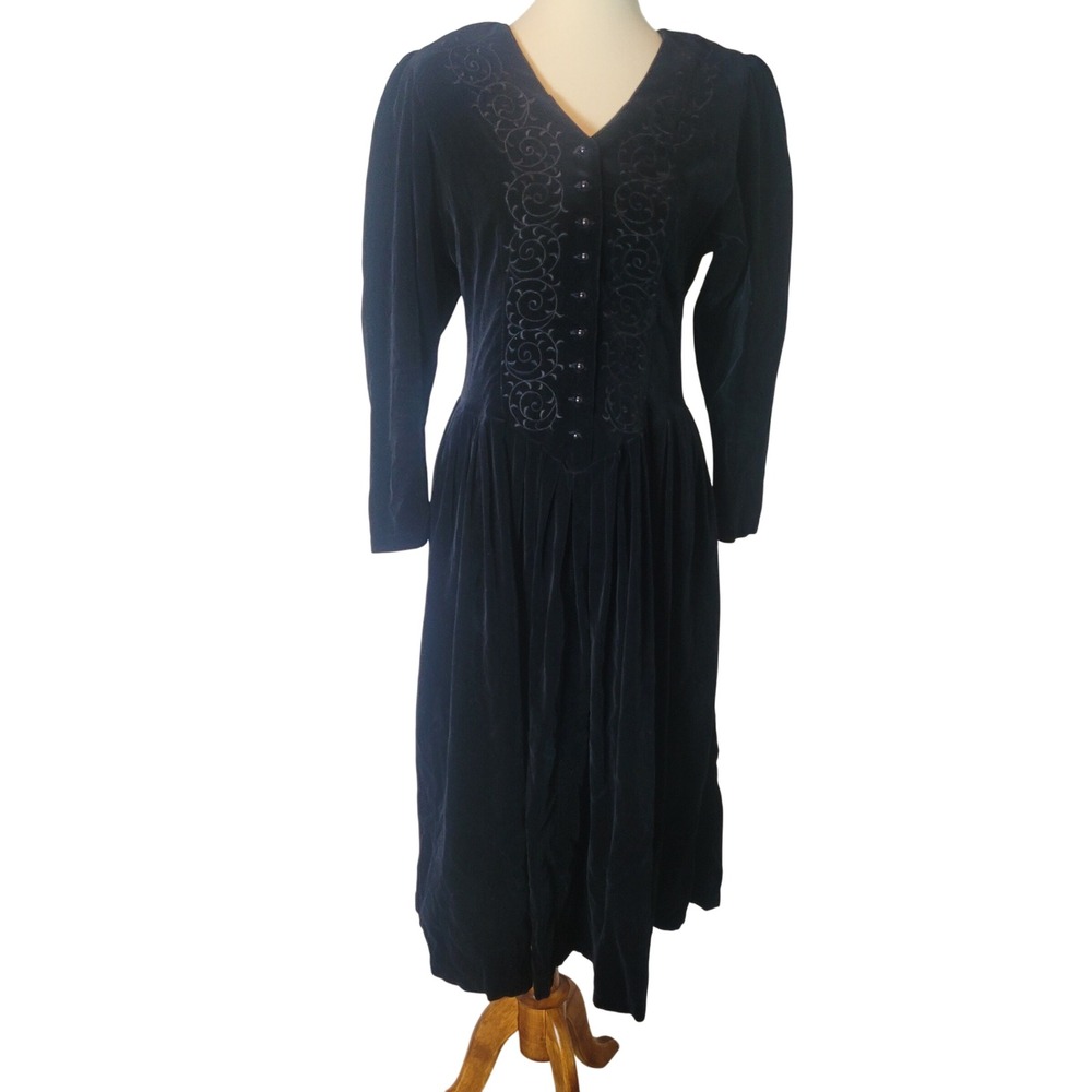 Adini VTG Black Cotton Velvet Embroidered Romantic Gothic Dress Victorian Medium